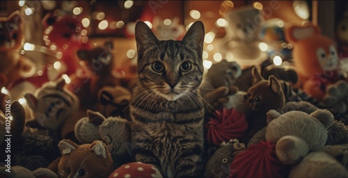 A striped cat lurks among the children's soft toys. Fun concept. Pets at home. Background, banner, poster, wallpaper, blog, design