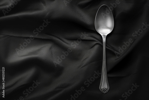 A single silver spoon on a plain black tablecloth.
