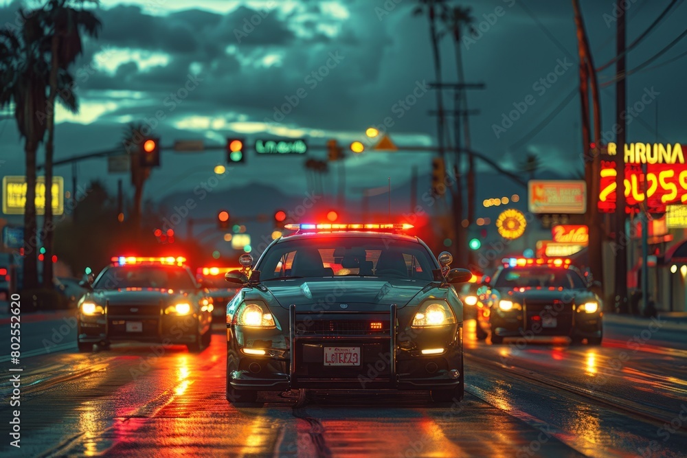 Police cars drive through city street at night with flashing lights