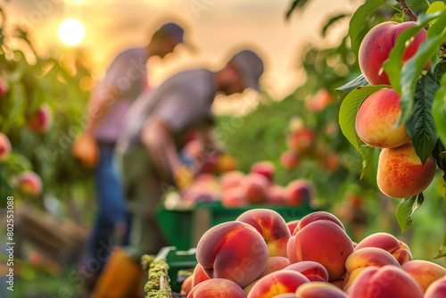 Farm Harvesting peach  tree in the Field, fresh ripe fruit. Farm workers picking fresh ripe fruit, beautiful sunset.