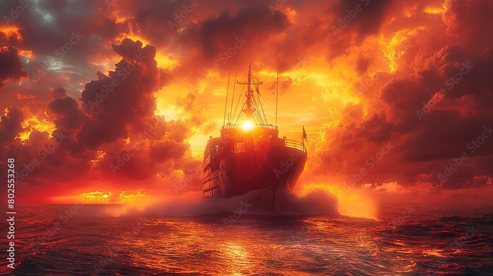 Obraz premium Dramatic Sunset Sail Through Fiery Skies