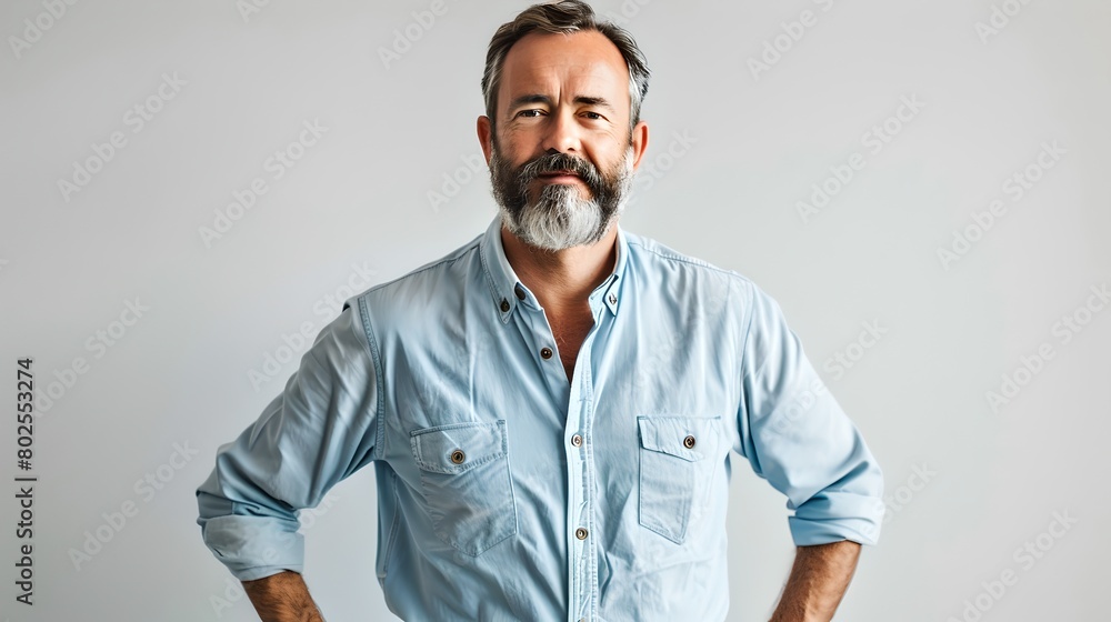 Confident mature man with a beard posing in a studio setting. Casual style, modern masculinity. Ideal for lifestyle and business topics. AI Confident mature man with a beard posing in a studio setting. Casual style, modern masculinity. Ideal for lifestyle and business topics. AI