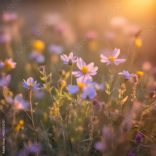 focused summer flowers at sunset in the middle of a meadow