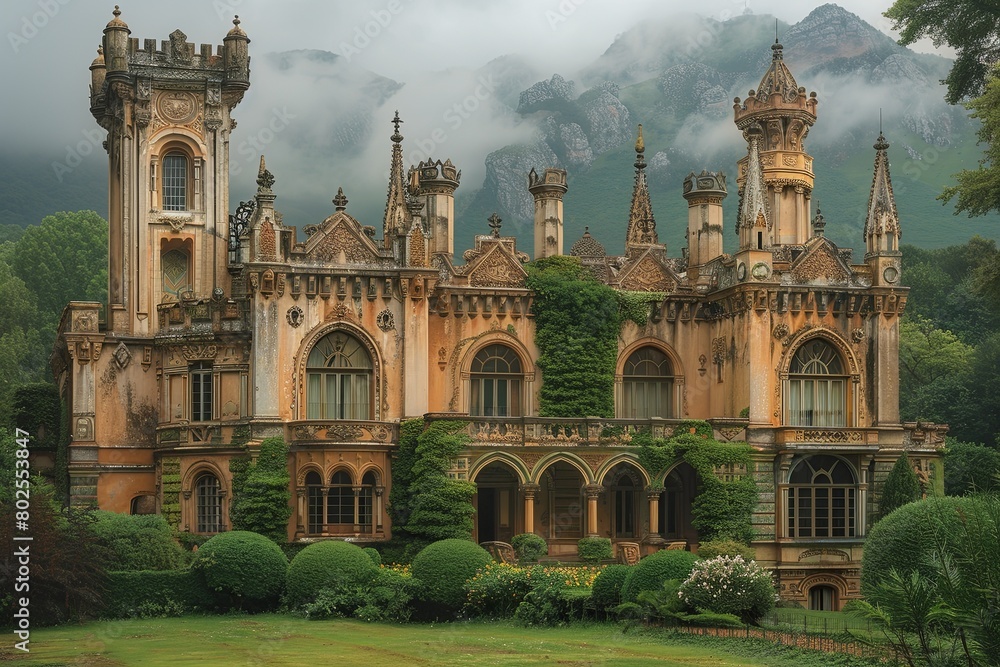 Naklejka premium Enchanted Citadel: Towering Turrets and Stone Carvings Amidst Verdant Hills