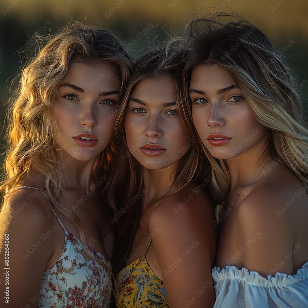Three Young Women Enjoying Golden Hour Outdoors Three Young Women Enjoying Golden Hour Outdoors