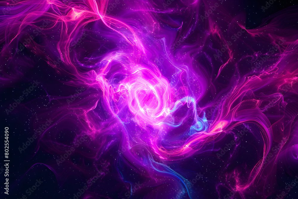 Mysterious pink and purple neon galaxy with swirling lights. Abstract background on black background.