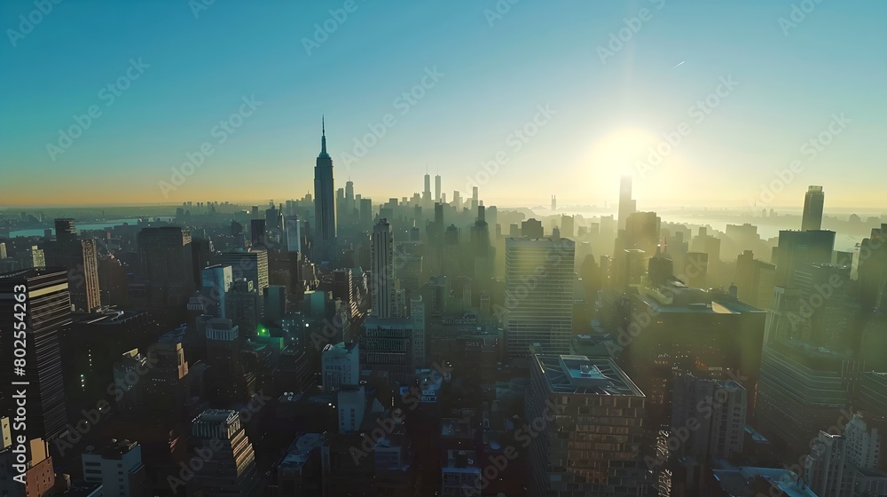 Urban skyline at dawn. Sun rising over cityscape. Modern architecture meets daybreak. Serene city morning. AI