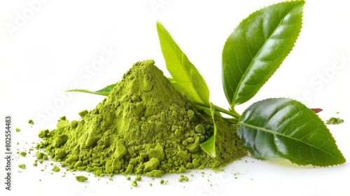 Heap of green matcha tea powder and leaves isolated on white background. Generative AI