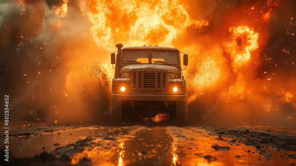 Rugged Truck Braving Fiery Explosion on Road Rugged Truck Braving Fiery Explosion on Road