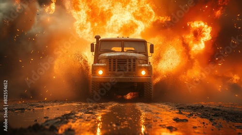 Rugged Truck Braving Fiery Explosion on Road photo