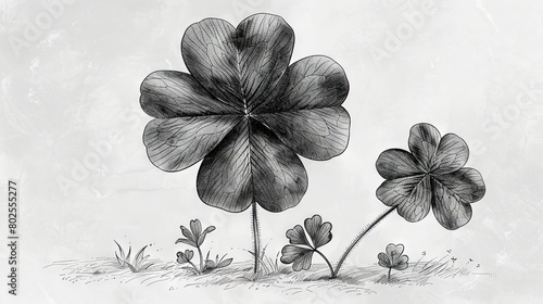 Elegant Line Art Drawing of Four-Leaf Clovers Isolated on White Background photo