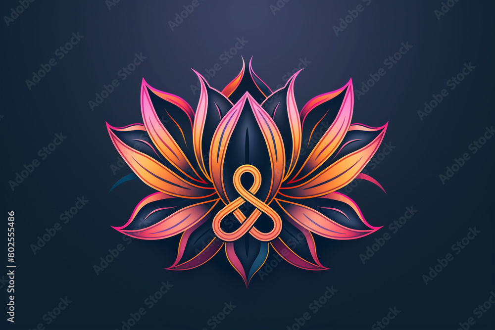Lotus flower logo and infinity sign. Abstract ornamental artistic icon isolated on dark background.