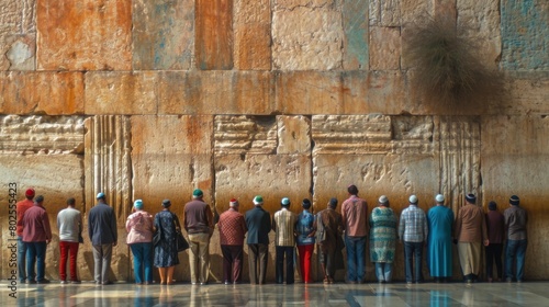 Devout Jewish People Praying at the Iconic Western Wall in Jerusalem photo