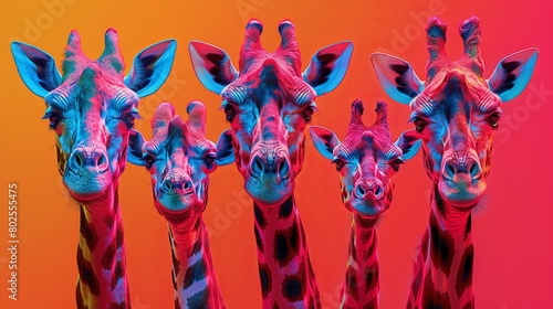 Vibrant Pop Art Giraffes on a Neon Orange Background in Surreal Style photo