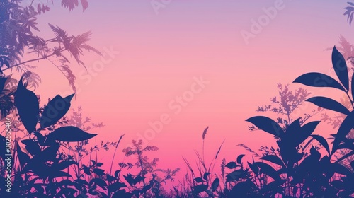 A row of tree silhouettes with twisted twigs against a pink and violet dusk sky, creating a serene natural landscape atmosphere AIG50