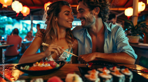 man and woman eating sushi in a restaurant  photo