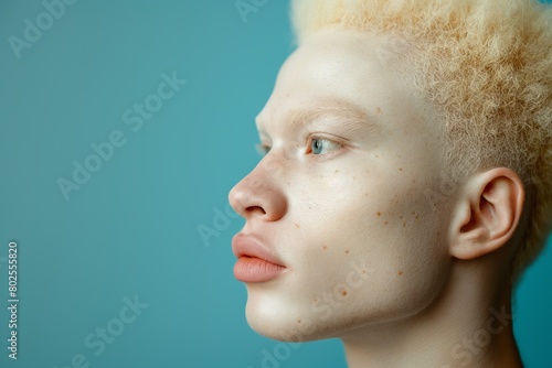 Portrait of an albino man on a blue background photo
