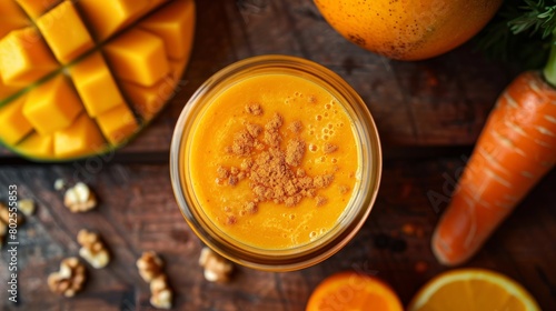 Smoothies mango, orange and carrot in a glass jar. Top view of a freshly prepared drink photo