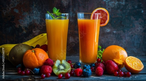 Two glasses of orange juice and fruits  photo