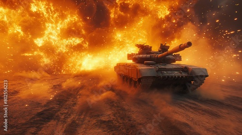 Explosive Battlefield Scene with Advancing Tank photo