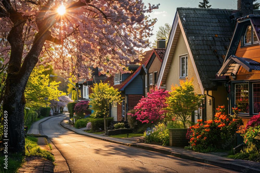 A sunlit street lined with charming, colorful houses and blooming flowers.