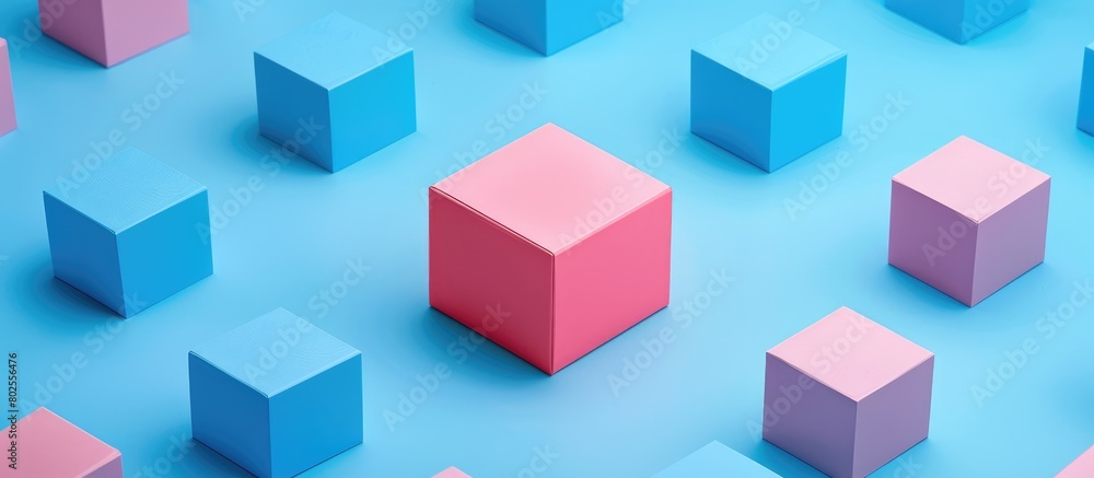 An exceptional pink box stands out amidst a sea of blue boxes on a blue background in a simplistic flat lay composition. An exceptional pink box stands out amidst a sea of blue boxes on a blue background in a simplistic flat lay composition.
