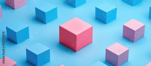 An exceptional pink box stands out amidst a sea of blue boxes on a blue background in a simplistic flat lay composition.