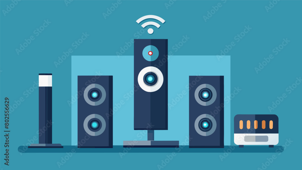 A sleek and modern sound system boasting wireless tower speakers a soundbar and a subwoofer for dynamic sound and easy setup. Vector illustration A sleek and modern sound system boasting wireless tower speakers a soundbar and a subwoofer for dynamic sound and easy setup. Vector illustration