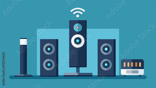 A sleek and modern sound system boasting wireless tower speakers a soundbar and a subwoofer for dynamic sound and easy setup. Vector illustration