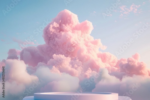Surreal cloud podium outdoor on blue sky pink pastel soft fluffy clouds with empty space.Beauty cosmetic product placement pedestal present promotion minimal display, dreamy concept - generative ai photo