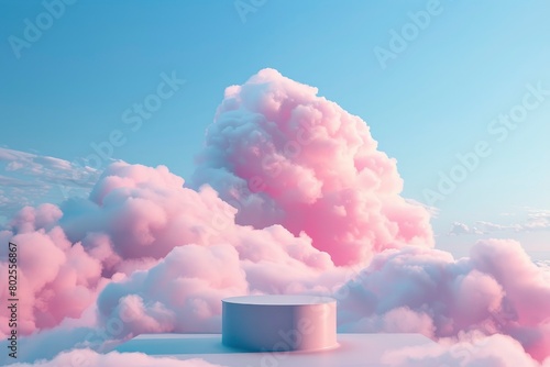 Surreal cloud podium outdoor on blue sky pink pastel soft fluffy clouds with empty space.Beauty cosmetic product placement pedestal present promotion minimal display, dreamy concept - generative ai photo