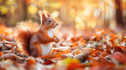 Portrait funny red squirrel animal on autumn forest on background. AI generated image © saifur