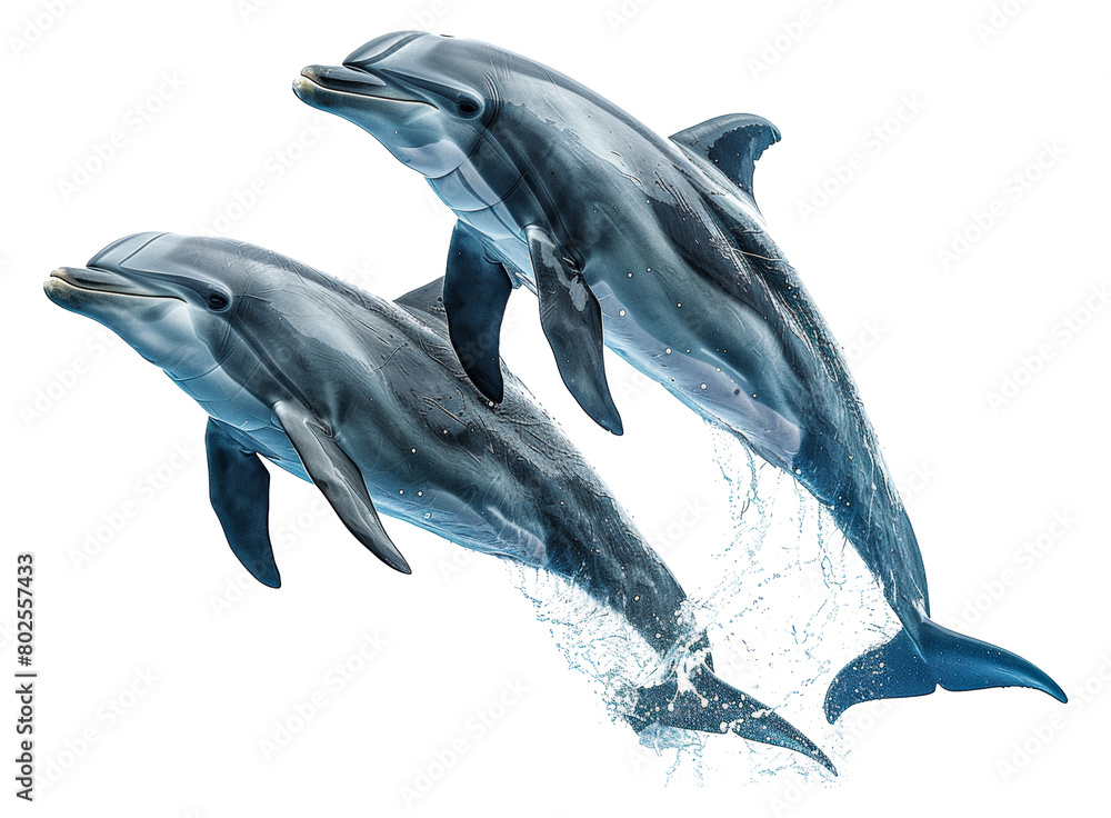 Fototapeta premium Pair of dolphins swimming in the ocean isolated on transparent background