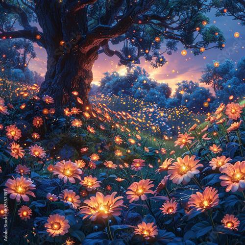 Vibrant enchanted forest scene with mystical flora.