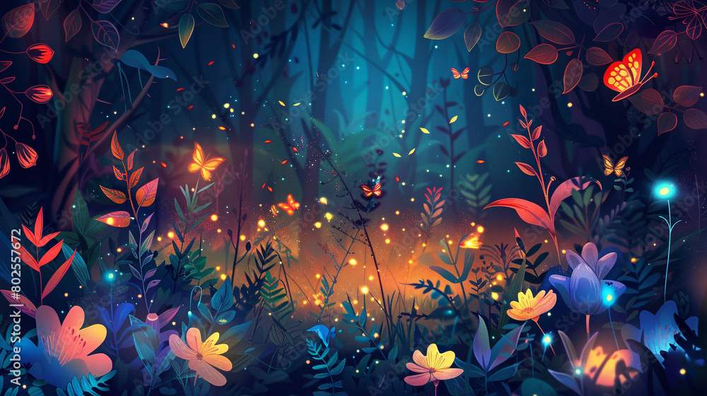 Obraz premium Vibrant enchanted forest scene with mystical flora.