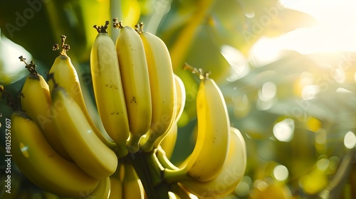 Ripe bananas hanging on the tree in sunlight. Fresh organic bananas in nature. Tropical fruit harvest concept. Nature's bounty in warm light. AI