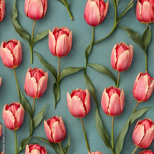 Seamlesss pink tulips pattern on green background, realistic style, minimalism. Generative ai