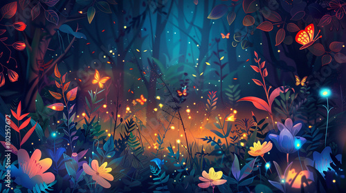 Vibrant enchanted forest scene with mystical flora. © Natali08