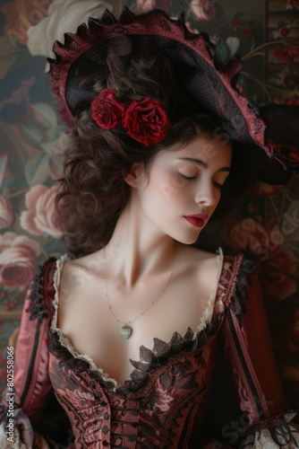 Elegant vintage: woman in baroque renaissance style clothing reminiscent of the victorian era, a timeless portrayal of grace and sophistication in historical fashion 19th century. © Ruslan Batiuk