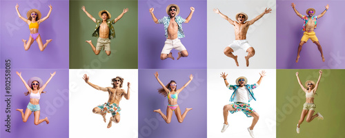 Summer people collection set  diverse people jumping on colorful background  many people funny jump wearing summer outfit fashion ready for swim and summer activity  summertime  beachwear AIG48