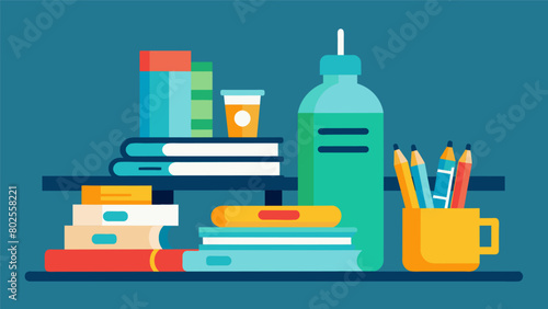 A picture of a students desk with a neat stack of textbooks and notes a water bottle and a candle showcasing their organized and balanced study space..