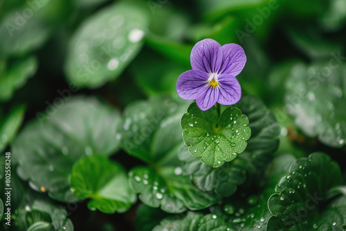 A single delicate violet blossom resting on a bed of green leaves.