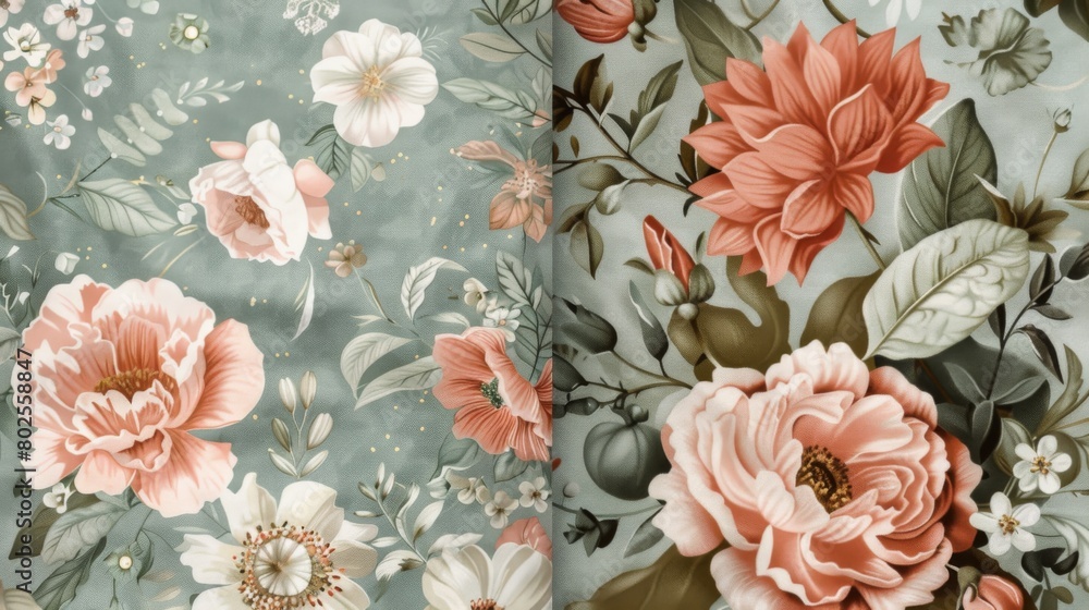 custom made wallpaper toronto digitalFloral patterns in hues of blush pink and sage green create a romantic texture.