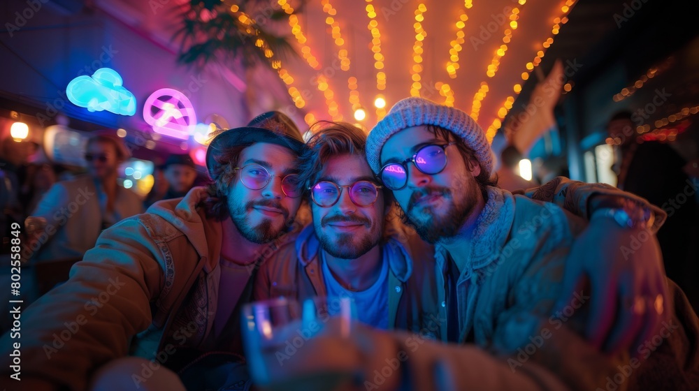 Close-Up of Three Friends Enjoying a Night Out With Colorful Lights and Festive Atmosphere Close-Up of Three Friends Enjoying a Night Out With Colorful Lights and Festive Atmosphere