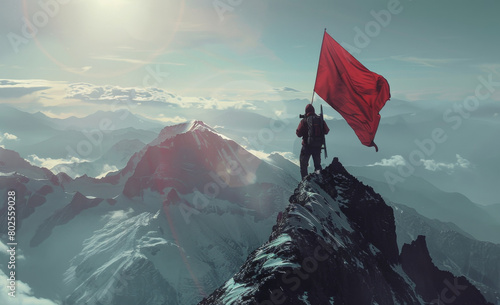 The main character is standing on the top of a mountain with a backpack and flag. He has to walk from the bottom left corner to the upper right side.