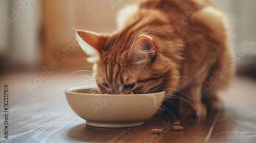 Illustration of a cat enjoying cat food from a bowl.Ai generated