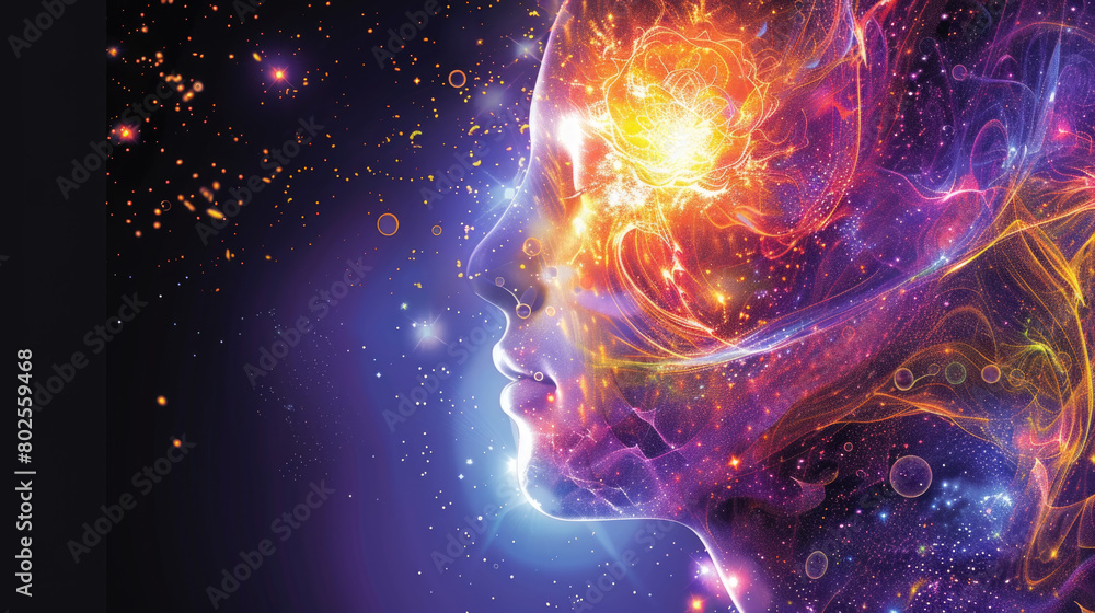 A womans face is prominently displayed against a vibrant and colorful background A womans face is prominently displayed against a vibrant and colorful background