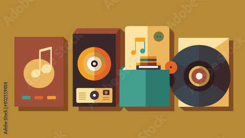 An artistic interpretation of the packaging of vinyl records from the simple brown paper sleeves of the past to the elaborate gatefold covers of Vector illustration