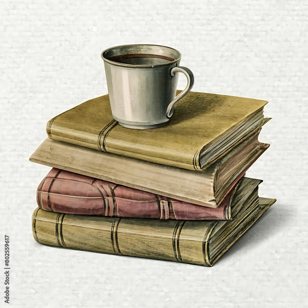 Naklejka premium old books and cup of coffee isolated on white