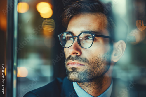 thoughtful businessman thinking and looking out the window in the office, entrepreneur with glasses photo